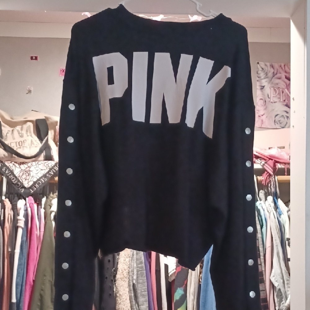 Black Sweater with White 'PINK' Logo Crop Sweater